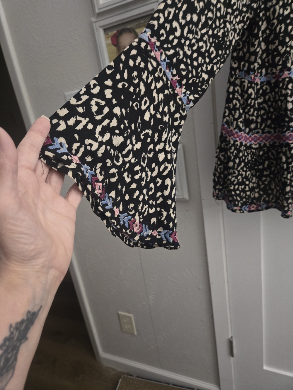Anthropologie Black and Cream Leopard V-Neck Peasant Top with Embroidered Trim - Picture 2 of 5